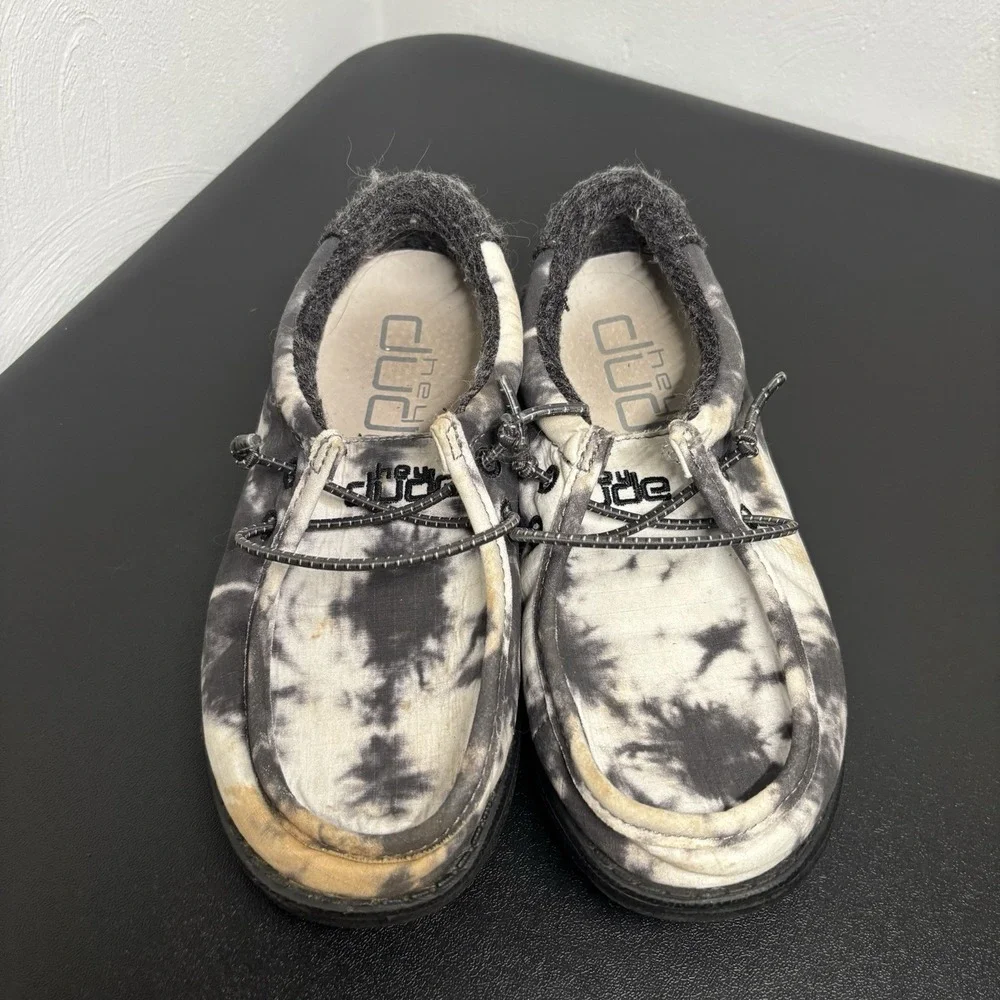 Hey Dude Wally Youth Thunderstruck Tie Dye Black/White Slip On Unisex Shoe Sz 13